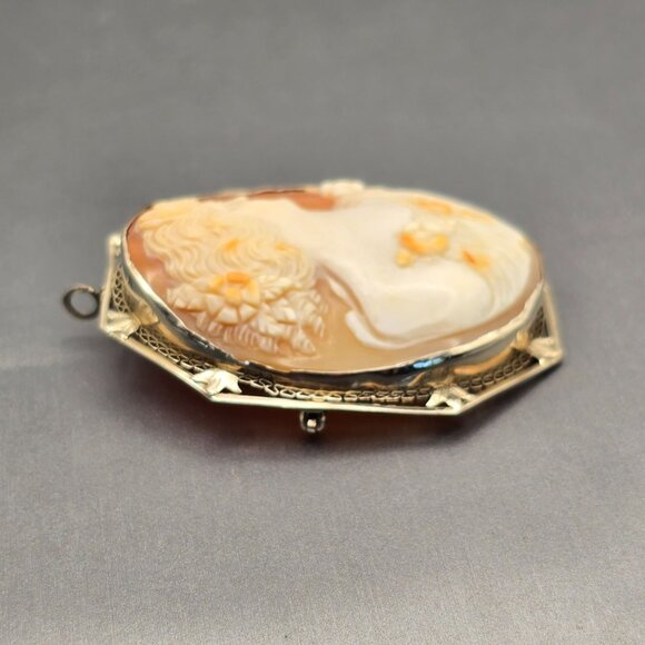 Antique 14K White Gold Cameo Brooch/Pendant 2" Filigree Frame 13.72g 44x36mm - Picture 2 of 16